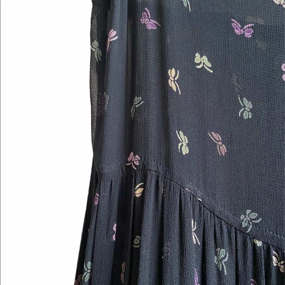 Marrika Nakk long, shear, black butterfly print dress.